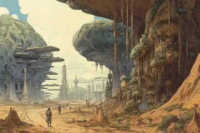 Quick concept for an alien dessert. What would architecture look like there? - AI artwork, 27 Apr 2023
