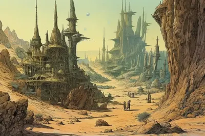 Quick concept for an alien dessert. What would architecture look like there? - AI artwork, 27 Apr 2023