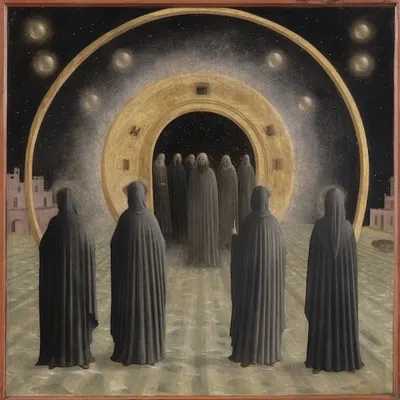 Unveiling the Enigma In the shadows of the night, where mystery intertwines with curiosity, secret societies dwell, shrouded in darkness and cloaked in whispers. These enigmatic gatherings have captivated the human imagination for centuries, evoking a sense of eerie fascination that tingles our spines. Behind closed doors, ancient rituals and arcane knowledge are said to be guarded, passed down from generation to generation, veiled from the prying eyes of the world. Their mysterious symbols and cryptic codes ignite a spark of intrigue, beckoning the intrepid souls to venture into the unknown. But amidst the eerie aura, let us remember that legends and myths often thrive in the realm of our imagination. Yet, the allure of secret societies endures, hinting at the hidden depths of human existence and the quest for power and enlightenment. As the moon casts its glow on the veiled secrets, we find ourselves drawn into the allure of the unknown. But let's remember to tread lightly, for some mysteries are meant to remain unexplored, adding a touch of mystique to the tapestry of life. Embrace the enigma, but always be cautious of the shadows that might pull you deeper into the darkness - AI artwork, 21 Jul 2023