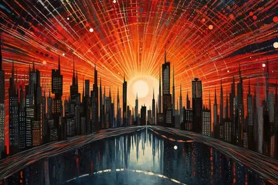 Dawn in the city. The sun hasn't yet pierced the darkness, and the fog wraps the buildings like a black veil. The scent of raw, sleepless concrete jungle fills the air. The overwhelming noise of the waking city becomes a heavy echo. This isn't a morning for the faint-hearted - AI artwork, 20 Jul 2023