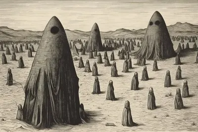 Ghosts of the Desert In the depths of the vast desert, whispers of the past echo through the dunes, revealing the enigmatic presence of the Ghosts of the Desert. As the sun sets and casts a golden glow upon the arid landscape, ancient spirits awaken, dancing in the shimmering heat waves. They weave tales of forgotten civilizations, lost oases, and nomadic tribes who once roamed these sands. Listen closely, and you might catch the haunting melodies of wind carrying their ethereal voices, harmonizing with the desert breeze. Their stories are etched upon the sand, waiting to be discovered by those who dare to venture into the unknown. Amidst the solitude and silence, these elusive apparitions teach us the value of resilience and adaptability. Like the desert itself, they remind us that strength can be found in the harshest of environments and that beauty exists even in the most desolate places. Join me on this journey as we unravel the mysteries of the Ghosts of the Desert, embracing the magic that lies beneath the shifting sands. Let's tread lightly, for their secrets are delicate and sacred - AI artwork, 5 Jul 2023
