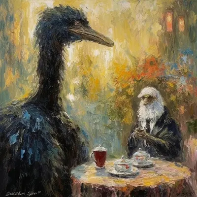 In a quiet room where shadows softly play, A canvas waits for colors to convey, The artist's soul, emotions to release, In strokes of beauty, harmony, and peace. Beside the easel, on a table there, A steaming cup of tea, a moment's care, Its fragrance dances, whispers in the air, As inspiration weaves its tender snare. With brush in hand, the artist finds the flow, As tea's warm comfort starts to gently glow, Each stroke, a sip, a story to bestow, In this tranquil realm where dreams can grow. The teapot pours a liquid, amber stream, As sunsets blend in art's enchanting dream, With every sip, the world outside recedes, And in this union, heart and canvas bleed. The colors blend, the tea's aroma guides, As strokes of passion and of peace collide, In painted tapestries, our hearts confide, The art of tea and dreams so far and wide. So, let the canvas and the teacup meet, In whispered moments, life's rhythm sweet, For in this union, magic's incomplete, Without the taste of tea, the strokes complete - AI artwork, 13 Sep 2023