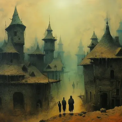 In the heart of a muggy village shrouded in perpetual fog, a sinister secret lay hidden. The townsfolk, their faces etched with worry, seldom ventured beyond the boundaries of their murky domain. They spoke in hushed tones of the legend that had haunted their ancestors for generations. It was said that on moonless nights, a spectral figure would emerge from the shadows, clad in tattered rags and bearing a lantern that emitted an eerie, flickering light. Those unfortunate enough to cross its path would vanish without a trace, their voices forever silenced. One summer evening, a curious traveler arrived in the village. Ignoring the villagers' warnings, he set out to unravel the mystery that gripped the town. As darkness fell, he wandered the labyrinthine alleys, guided only by the dim glow of his lantern. Suddenly, the night air grew colder, and a thick mist enveloped him. The traveler's heart quickened as he heard a distant, mournful wail. A flicker of light danced in the distance, drawing him deeper into the fog. Closer and closer he ventured, until he stumbled upon a desolate cemetery. There, at the heart of the graveyard, he saw the spectral figure, its lantern casting grotesque shadows on the tombstones. With trembling hands, the traveler approached, determined to confront the enigma. The ghostly figure turned, its hollow eyes locking onto his. It beckoned him closer, and as he gazed into its abyssal gaze, he felt a chilling darkness seeping into his soul. The villagers had been right to fear the muggy village, for it was a place where the boundary between the living and the dead had blurred. The traveler became just another nameless soul lost to the village's malevolent secret, forever haunting its cursed streets, joining the spectral procession that wandered eternally in the fog. And so, the muggy village's dark legend continued, a cautionary tale whispered from one generation to the next, warning of the perils that awaited those who dared to venture into its murky depths - AI artwork, 29 Sep 2023
