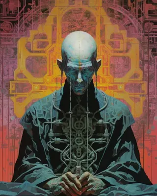 Cybernetic Monks. They found a way to permanently increase their DMT levels in pineal gland through the technology - AI artwork, 10 Sep 2023