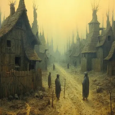 In the heart of a muggy village shrouded in perpetual fog, a sinister secret lay hidden. The townsfolk, their faces etched with worry, seldom ventured beyond the boundaries of their murky domain. They spoke in hushed tones of the legend that had haunted their ancestors for generations. It was said that on moonless nights, a spectral figure would emerge from the shadows, clad in tattered rags and bearing a lantern that emitted an eerie, flickering light. Those unfortunate enough to cross its path would vanish without a trace, their voices forever silenced. One summer evening, a curious traveler arrived in the village. Ignoring the villagers' warnings, he set out to unravel the mystery that gripped the town. As darkness fell, he wandered the labyrinthine alleys, guided only by the dim glow of his lantern. Suddenly, the night air grew colder, and a thick mist enveloped him. The traveler's heart quickened as he heard a distant, mournful wail. A flicker of light danced in the distance, drawing him deeper into the fog. Closer and closer he ventured, until he stumbled upon a desolate cemetery. There, at the heart of the graveyard, he saw the spectral figure, its lantern casting grotesque shadows on the tombstones. With trembling hands, the traveler approached, determined to confront the enigma. The ghostly figure turned, its hollow eyes locking onto his. It beckoned him closer, and as he gazed into its abyssal gaze, he felt a chilling darkness seeping into his soul. The villagers had been right to fear the muggy village, for it was a place where the boundary between the living and the dead had blurred. The traveler became just another nameless soul lost to the village's malevolent secret, forever haunting its cursed streets, joining the spectral procession that wandered eternally in the fog. And so, the muggy village's dark legend continued, a cautionary tale whispered from one generation to the next, warning of the perils that awaited those who dared to venture into its murky depths - AI artwork, 29 Sep 2023