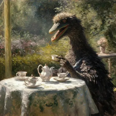 In a quiet room where shadows softly play, A canvas waits for colors to convey, The artist's soul, emotions to release, In strokes of beauty, harmony, and peace. Beside the easel, on a table there, A steaming cup of tea, a moment's care, Its fragrance dances, whispers in the air, As inspiration weaves its tender snare. With brush in hand, the artist finds the flow, As tea's warm comfort starts to gently glow, Each stroke, a sip, a story to bestow, In this tranquil realm where dreams can grow. The teapot pours a liquid, amber stream, As sunsets blend in art's enchanting dream, With every sip, the world outside recedes, And in this union, heart and canvas bleed. The colors blend, the tea's aroma guides, As strokes of passion and of peace collide, In painted tapestries, our hearts confide, The art of tea and dreams so far and wide. So, let the canvas and the teacup meet, In whispered moments, life's rhythm sweet, For in this union, magic's incomplete, Without the taste of tea, the strokes complete - AI artwork, 13 Sep 2023