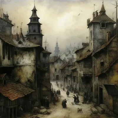 In the heart of a muggy village shrouded in perpetual fog, a sinister secret lay hidden. The townsfolk, their faces etched with worry, seldom ventured beyond the boundaries of their murky domain. They spoke in hushed tones of the legend that had haunted their ancestors for generations. It was said that on moonless nights, a spectral figure would emerge from the shadows, clad in tattered rags and bearing a lantern that emitted an eerie, flickering light. Those unfortunate enough to cross its path would vanish without a trace, their voices forever silenced. One summer evening, a curious traveler arrived in the village. Ignoring the villagers' warnings, he set out to unravel the mystery that gripped the town. As darkness fell, he wandered the labyrinthine alleys, guided only by the dim glow of his lantern. Suddenly, the night air grew colder, and a thick mist enveloped him. The traveler's heart quickened as he heard a distant, mournful wail. A flicker of light danced in the distance, drawing him deeper into the fog. Closer and closer he ventured, until he stumbled upon a desolate cemetery. There, at the heart of the graveyard, he saw the spectral figure, its lantern casting grotesque shadows on the tombstones. With trembling hands, the traveler approached, determined to confront the enigma. The ghostly figure turned, its hollow eyes locking onto his. It beckoned him closer, and as he gazed into its abyssal gaze, he felt a chilling darkness seeping into his soul. The villagers had been right to fear the muggy village, for it was a place where the boundary between the living and the dead had blurred. The traveler became just another nameless soul lost to the village's malevolent secret, forever haunting its cursed streets, joining the spectral procession that wandered eternally in the fog. And so, the muggy village's dark legend continued, a cautionary tale whispered from one generation to the next, warning of the perils that awaited those who dared to venture into its murky depths - AI artwork, 29 Sep 2023