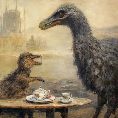 In a quiet room where shadows softly play, A canvas waits for colors to convey, The artist's soul, emotions to release, In strokes of beauty, harmony, and peace. Beside the easel, on a table there, A steaming cup of tea, a moment's care, Its fragrance dances, whispers in the air, As inspiration weaves its tender snare. With brush in hand, the artist finds the flow, As tea's warm comfort starts to gently glow, Each stroke, a sip, a story to bestow, In this tranquil realm where dreams can grow. The teapot pours a liquid, amber stream, As sunsets blend in art's enchanting dream, With every sip, the world outside recedes, And in this union, heart and canvas bleed. The colors blend, the tea's aroma guides, As strokes of passion and of peace collide, In painted tapestries, our hearts confide, The art of tea and dreams so far and wide. So, let the canvas and the teacup meet, In whispered moments, life's rhythm sweet, For in this union, magic's incomplete, Without the taste of tea, the strokes complete - AI artwork, 13 Sep 2023