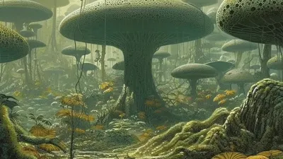 In the distant future, a group of explorers arrived on the planet Verdantia, covered in an alien rainforest. What made this forest unique was the conscious fungi that covered the forest floor. These fungi had evolved to form a planetary-scale brain, communicating through chemical signals. The explorers established a research station and learned to communicate with the fungi. Over time, a deep bond formed between humans and fungi, leading to the exchange of knowledge and experiences. The explorers left Verdantia with a profound sense of connection to the universe, knowing that the conscious fungi continued to thrive, sharing their wisdom with future visitors - AI artwork, 1 Oct 2023
