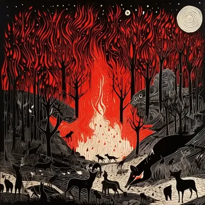 In a gloomy forest, there lurked a mysterious wolf named Wolfgang. His fur was as black as night, and he had an insatiable appetite for the forbidden fruit of the forest, a dark, cursed berry. Wolfgang would slink through the shadows, stealing these sinister berries from the other animals, who feared their cursed powers. Whenever he devoured one, his eyes would gleam with an eerie purple light, and strange things would happen. One moonless night, as you ventured deep into the forest, you stumbled upon Wolfgang and his malevolent potion. Sensing danger, you tried to stop him, but he insisted you join him. Desperate to undo the dark enchantment, you reluctantly consumed the cursed potion, and the forest fell under your joint control. Together, you and Wolfgang ruled with a cold and sinister grip, your once-harmonious forest twisted by your newfound dark powers. The animals' hopes rested on breaking the curse before it consumed all light and goodness - AI artwork, 12 Oct 2023