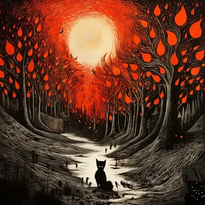 In a gloomy forest, there lurked a mysterious wolf named Wolfgang. His fur was as black as night, and he had an insatiable appetite for the forbidden fruit of the forest, a dark, cursed berry. Wolfgang would slink through the shadows, stealing these sinister berries from the other animals, who feared their cursed powers. Whenever he devoured one, his eyes would gleam with an eerie purple light, and strange things would happen. One moonless night, as you ventured deep into the forest, you stumbled upon Wolfgang and his malevolent potion. Sensing danger, you tried to stop him, but he insisted you join him. Desperate to undo the dark enchantment, you reluctantly consumed the cursed potion, and the forest fell under your joint control. Together, you and Wolfgang ruled with a cold and sinister grip, your once-harmonious forest twisted by your newfound dark powers. The animals' hopes rested on breaking the curse before it consumed all light and goodness - AI artwork, 12 Oct 2023