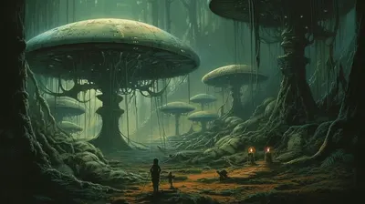 In the distant future, a group of explorers arrived on the planet Verdantia, covered in an alien rainforest. What made this forest unique was the conscious fungi that covered the forest floor. These fungi had evolved to form a planetary-scale brain, communicating through chemical signals. The explorers established a research station and learned to communicate with the fungi. Over time, a deep bond formed between humans and fungi, leading to the exchange of knowledge and experiences. The explorers left Verdantia with a profound sense of connection to the universe, knowing that the conscious fungi continued to thrive, sharing their wisdom with future visitors - AI artwork, 1 Oct 2023