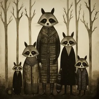 In the cozy hollow of the gnarled oak tree, nestled within the heart of the forest, lived a lively raccoon family: Papa Rascal, Mama Rascal, and their two adventurous children, Rosie and Rocky. One sunny day, the siblings set out on an expedition to explore the human world beyond the woods. As they reached the outskirts of the forest, their curious eyes widened at the sight of a fairground in full swing. Colorful lights, joyous music, and the sweetest aromas filled the air. "Look, Rosie! Look, Rocky!" Mama Rascal whispered in excitement. "What a sight to behold!" Their eyes fixated on a cotton candy stand, a vibrant cloud of spun sugar that appeared too magical to resist. With giggles and a little bit of mischief in their hearts, Rosie and Rocky ventured closer, eyes gleaming. Together, they managed to snag a piece of cotton candy, its vibrant colors dancing in their paws. Their excitement soared as they raced back to their forest home, eager to share this newfound treasure with their parents. But as they scampered home, they couldn't help but notice the cotton candy slowly melting in their curious, little paws. Determined to keep their sweet prize intact, Rocky suggested, "Let's wash it in the stream to make it fresh again."Rosie, always up for an adventure, agreed, and off they went to the nearby stream with the cotton candy clutched tightly in their tiny paws. What happened next, as you already know, was a lesson they'd never forget - AI artwork, 27 Oct 2023