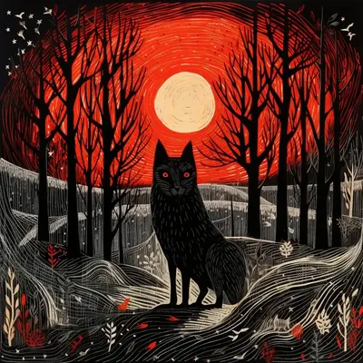 In a gloomy forest, there lurked a mysterious wolf named Wolfgang. His fur was as black as night, and he had an insatiable appetite for the forbidden fruit of the forest, a dark, cursed berry. Wolfgang would slink through the shadows, stealing these sinister berries from the other animals, who feared their cursed powers. Whenever he devoured one, his eyes would gleam with an eerie purple light, and strange things would happen. One moonless night, as you ventured deep into the forest, you stumbled upon Wolfgang and his malevolent potion. Sensing danger, you tried to stop him, but he insisted you join him. Desperate to undo the dark enchantment, you reluctantly consumed the cursed potion, and the forest fell under your joint control. Together, you and Wolfgang ruled with a cold and sinister grip, your once-harmonious forest twisted by your newfound dark powers. The animals' hopes rested on breaking the curse before it consumed all light and goodness - AI artwork, 12 Oct 2023