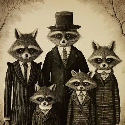 In the cozy hollow of the gnarled oak tree, nestled within the heart of the forest, lived a lively raccoon family: Papa Rascal, Mama Rascal, and their two adventurous children, Rosie and Rocky. One sunny day, the siblings set out on an expedition to explore the human world beyond the woods. As they reached the outskirts of the forest, their curious eyes widened at the sight of a fairground in full swing. Colorful lights, joyous music, and the sweetest aromas filled the air. "Look, Rosie! Look, Rocky!" Mama Rascal whispered in excitement. "What a sight to behold!" Their eyes fixated on a cotton candy stand, a vibrant cloud of spun sugar that appeared too magical to resist. With giggles and a little bit of mischief in their hearts, Rosie and Rocky ventured closer, eyes gleaming. Together, they managed to snag a piece of cotton candy, its vibrant colors dancing in their paws. Their excitement soared as they raced back to their forest home, eager to share this newfound treasure with their parents. But as they scampered home, they couldn't help but notice the cotton candy slowly melting in their curious, little paws. Determined to keep their sweet prize intact, Rocky suggested, "Let's wash it in the stream to make it fresh again."Rosie, always up for an adventure, agreed, and off they went to the nearby stream with the cotton candy clutched tightly in their tiny paws. What happened next, as you already know, was a lesson they'd never forget - AI artwork, 27 Oct 2023