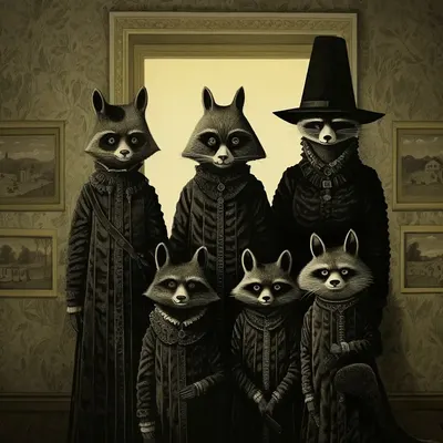 In the cozy hollow of the gnarled oak tree, nestled within the heart of the forest, lived a lively raccoon family: Papa Rascal, Mama Rascal, and their two adventurous children, Rosie and Rocky. One sunny day, the siblings set out on an expedition to explore the human world beyond the woods. As they reached the outskirts of the forest, their curious eyes widened at the sight of a fairground in full swing. Colorful lights, joyous music, and the sweetest aromas filled the air. "Look, Rosie! Look, Rocky!" Mama Rascal whispered in excitement. "What a sight to behold!" Their eyes fixated on a cotton candy stand, a vibrant cloud of spun sugar that appeared too magical to resist. With giggles and a little bit of mischief in their hearts, Rosie and Rocky ventured closer, eyes gleaming. Together, they managed to snag a piece of cotton candy, its vibrant colors dancing in their paws. Their excitement soared as they raced back to their forest home, eager to share this newfound treasure with their parents. But as they scampered home, they couldn't help but notice the cotton candy slowly melting in their curious, little paws. Determined to keep their sweet prize intact, Rocky suggested, "Let's wash it in the stream to make it fresh again."Rosie, always up for an adventure, agreed, and off they went to the nearby stream with the cotton candy clutched tightly in their tiny paws. What happened next, as you already know, was a lesson they'd never forget - AI artwork, 27 Oct 2023