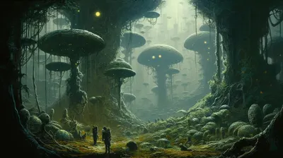 In the distant future, a group of explorers arrived on the planet Verdantia, covered in an alien rainforest. What made this forest unique was the conscious fungi that covered the forest floor. These fungi had evolved to form a planetary-scale brain, communicating through chemical signals. The explorers established a research station and learned to communicate with the fungi. Over time, a deep bond formed between humans and fungi, leading to the exchange of knowledge and experiences. The explorers left Verdantia with a profound sense of connection to the universe, knowing that the conscious fungi continued to thrive, sharing their wisdom with future visitors - AI artwork, 1 Oct 2023