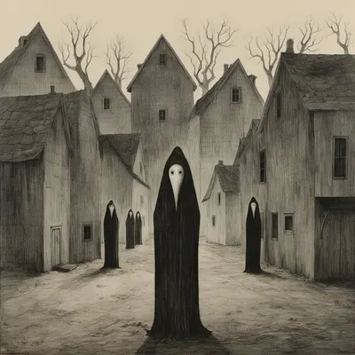 Ghosts of polish village In the shadowed corners of Poland's history lies the chilling legend of the Polish Eagle Ghost—a spectral embodiment of the nation's anguish and torment. Amidst the partitions that fractured the land, a haunting apparition emerged—a ghostly eagle, its form a twisted reflection of the nation's agony. Legends whispered of its eerie cries echoing across battlefields, foretelling imminent tragedy. Rumors spoke of cursed souls bound to the phantom, condemned to relive the nation's darkest chapters. Historians intertwined documented horrors with sightings of this spectral eagle, blurring the lines between fact and folklore. The Polish Eagle Ghost, a symbol of enduring resilience and the haunting legacy of a nation scarred by invasions, remains an enigmatic presence in Poland's tumultuous history—a specter of unspoken horrors that echo through the ages - AI artwork, 19 Nov 2023