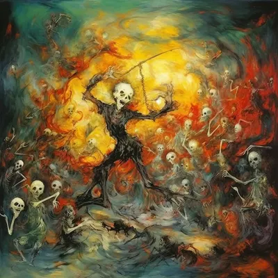 dance macabre . The Dance Macabre, also known as the Dance of Death, was a medieval allegory that portrayed death as a universal equalizer, showcasing people from all walks of life dancing with a skeletal figure, symbolizing death. It was a reminder of the inevitability of death and the idea that it comes for everyone, regardless of social status or wealth. This theme was often depicted in various art forms, including paintings, literature, and music - AI artwork, 20 Nov 2023