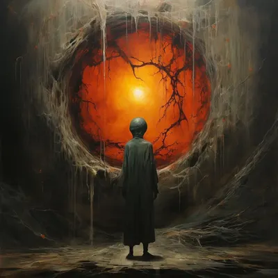 In the ethereal realm, amidst swirling shadows and whispers of forgotten sorrows, there existed a being of malevolent allure. Their gaze, a vortex of darkness, devoured the purity of souls, leaving a trail of shattered innocence in their wake. Legends whispered of their descent from a realm of lost spirits, cursed to consume the very essence of goodness, their eyes forever haunting the ethereal tapestry of existence - AI artwork, 3 Dec 2023