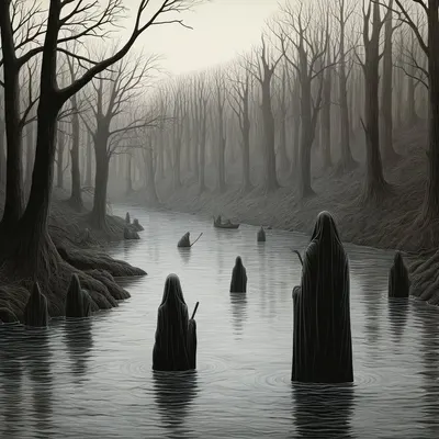Captivated by the ethereal beauty of the river This serene spot holds a mystique that enchants every visitor. Nature's poetry flows here, echoing tales of the past. Mesmerized by its whispers - AI artwork, 18 Dec 2023