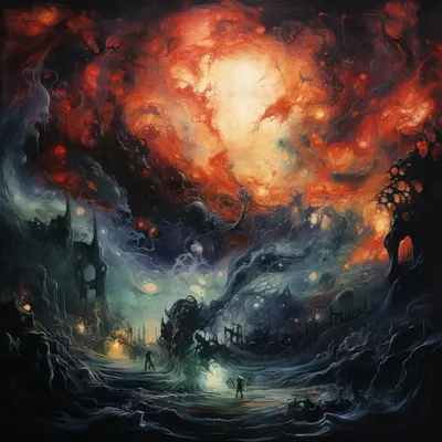 Exploring the intricate blend of dark, swirling emotions and vibrant bursts of color in art. There's an undeniable intensity in this juxtaposition—where darkness meets hope, creating a powerful visual narrative - AI artwork, 6 Dec 2023