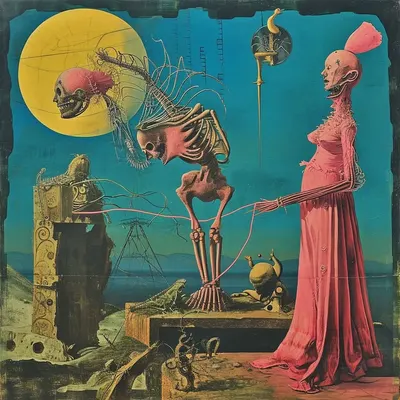 Exploring the enigmatic realms where the surreal meets mortality, inviting you to ponder the intricate dance between life's vibrant hues and the inevitable passage of time - AI artwork, 5 Jan 2024