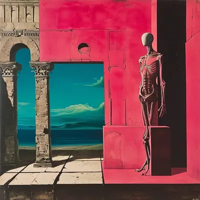 Exploring the enigmatic realms where the surreal meets mortality, inviting you to ponder the intricate dance between life's vibrant hues and the inevitable passage of time - AI artwork, 5 Jan 2024