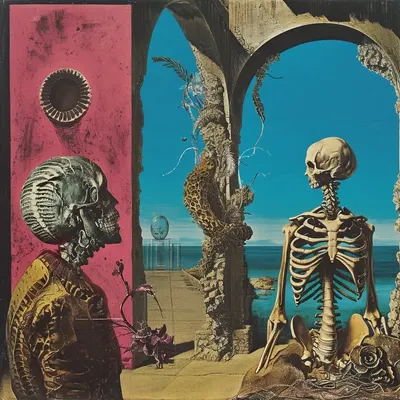 Exploring the enigmatic realms where the surreal meets mortality, inviting you to ponder the intricate dance between life's vibrant hues and the inevitable passage of time - AI artwork, 5 Jan 2024