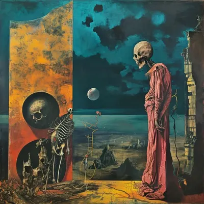 Exploring the enigmatic realms where the surreal meets mortality, inviting you to ponder the intricate dance between life's vibrant hues and the inevitable passage of time - AI artwork, 5 Jan 2024