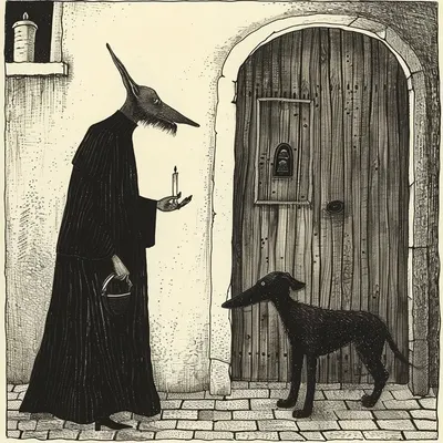 In the heart of the city, where light feared to tread and shadows danced with sinister glee, the Dog Priest reigned as both guardian and tormentor—a spectral reminder of the darkness that lurked within us all - AI artwork, 7 Apr 2024