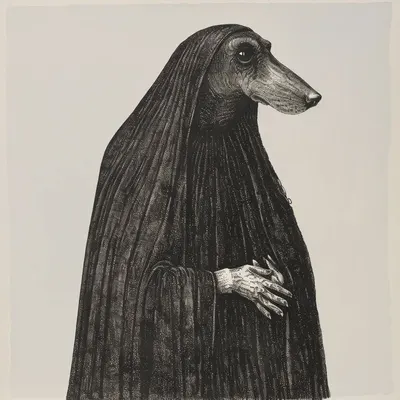 In the heart of the city, where light feared to tread and shadows danced with sinister glee, the Dog Priest reigned as both guardian and tormentor—a spectral reminder of the darkness that lurked within us all - AI artwork, 7 Apr 2024