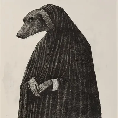 In the heart of the city, where light feared to tread and shadows danced with sinister glee, the Dog Priest reigned as both guardian and tormentor—a spectral reminder of the darkness that lurked within us all - AI artwork, 7 Apr 2024