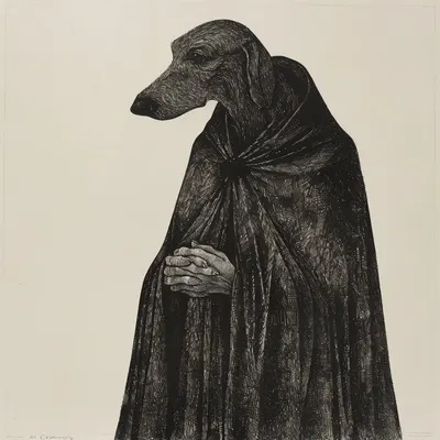 In the heart of the city, where light feared to tread and shadows danced with sinister glee, the Dog Priest reigned as both guardian and tormentor—a spectral reminder of the darkness that lurked within us all - AI artwork, 7 Apr 2024