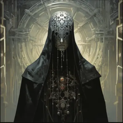 In the depths where darkness and machine entwine, Two specters rise, cold and divine. Skull of steel, eyes that glow, Guardians of a world where shadows grow. Wires twist, and tendrils weave, In their wake, all hopes deceive. Silent watchers in endless nights, Harbingers of a lost light - AI artwork, 31 Aug 2024