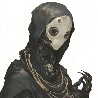 In the depths where darkness and machine entwine, Two specters rise, cold and divine. Skull of steel, eyes that glow, Guardians of a world where shadows grow. Wires twist, and tendrils weave, In their wake, all hopes deceive. Silent watchers in endless nights, Harbingers of a lost light - AI artwork, 31 Aug 2024
