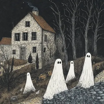 ghosts of the village. the past will always find you - AI artwork, 12 Aug 2024