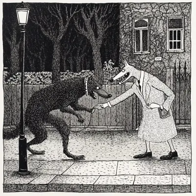 In a world where leashes tie souls tighter than flesh, these figures haunt the edge of sanity. Shadows shake hands, beasts grin with human teeth, and every flickering lamp casts doubt on what is real. These are not meetings of flesh and bone, but binding contracts between primal urges and the masks we wear. Under the dim light, humanity walks its inner beast, uncertain who holds the leash and who bears the bite - AI artwork, 7 Nov 2024