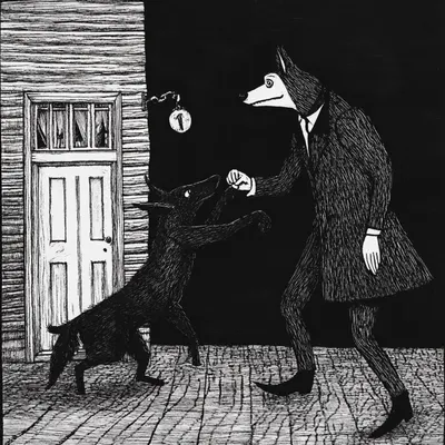 In a world where leashes tie souls tighter than flesh, these figures haunt the edge of sanity. Shadows shake hands, beasts grin with human teeth, and every flickering lamp casts doubt on what is real. These are not meetings of flesh and bone, but binding contracts between primal urges and the masks we wear. Under the dim light, humanity walks its inner beast, uncertain who holds the leash and who bears the bite - AI artwork, 7 Nov 2024