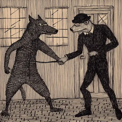 In a world where leashes tie souls tighter than flesh, these figures haunt the edge of sanity. Shadows shake hands, beasts grin with human teeth, and every flickering lamp casts doubt on what is real. These are not meetings of flesh and bone, but binding contracts between primal urges and the masks we wear. Under the dim light, humanity walks its inner beast, uncertain who holds the leash and who bears the bite - AI artwork, 7 Nov 2024