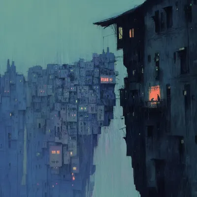 Stacked like forgotten dreams, the city whispers of decay. Yet in the darkness, a stubborn light refuses to die - AI artwork, 22 Dec 2024