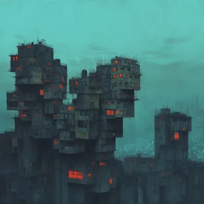 Stacked like forgotten dreams, the city whispers of decay. Yet in the darkness, a stubborn light refuses to die - AI artwork, 22 Dec 2024
