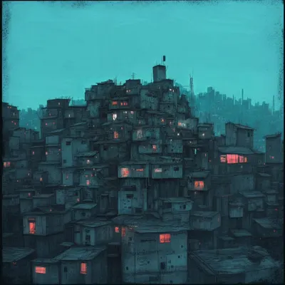 Stacked like forgotten dreams, the city whispers of decay. Yet in the darkness, a stubborn light refuses to die - AI artwork, 22 Dec 2024