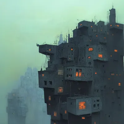 Stacked like forgotten dreams, the city whispers of decay. Yet in the darkness, a stubborn light refuses to die - AI artwork, 22 Dec 2024