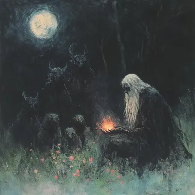 weaving flowers from death beneath the watchful eye of a bleeding moon - AI artwork, 13 Apr 2025