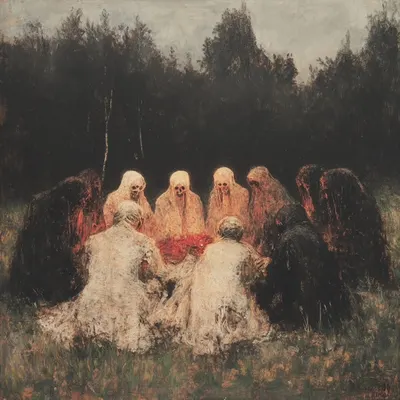 weaving flowers from death beneath the watchful eye of a bleeding moon - AI artwork, 13 Apr 2025