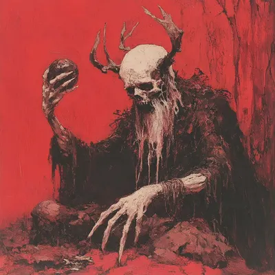 weaving flowers from death beneath the watchful eye of a bleeding moon - AI artwork, 13 Apr 2025