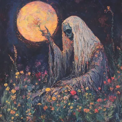 weaving flowers from death beneath the watchful eye of a bleeding moon - AI artwork, 13 Apr 2025