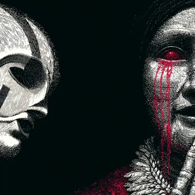 They smile. We bleed. Who let them in? - AI artwork, 4 Jun 2025
