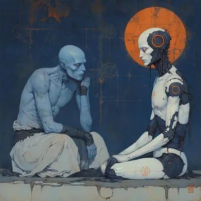 The Machine’s Wisdom: A new piece born from a collaboration between @midjourneyartpl and @daaroan. We explored a sci-fi theme blending spirituality and technology, with a focus on color, atmosphere, and the interaction between a human and a humanoid robot. @midjourneyartpl created a series of images, and I selected this one to reinterpret it using my usual tools. I’m really happy with the result and this collaboration, which merges our styles, visions, and techniques. Created in April 2026. First image: final version reworked by @daaroan using Leonardo AI & Photoshop Second image: original version created by @midjourneyartpl using Midjourney - AI artwork, 3 May 2026